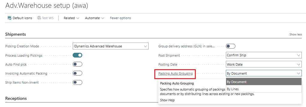 Automatic packing grouping options