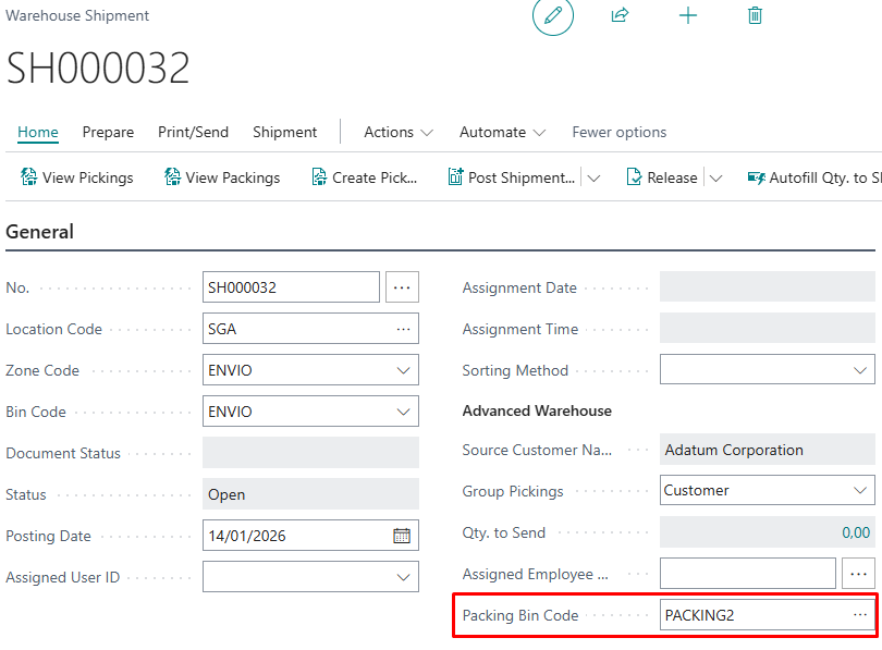 Packing Bin on the Warehouse Shipment Header