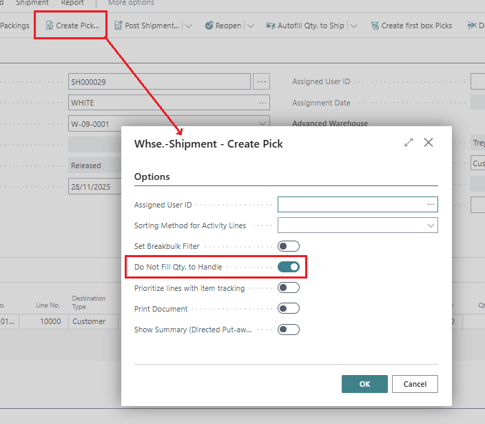 Standard picking creation dialog