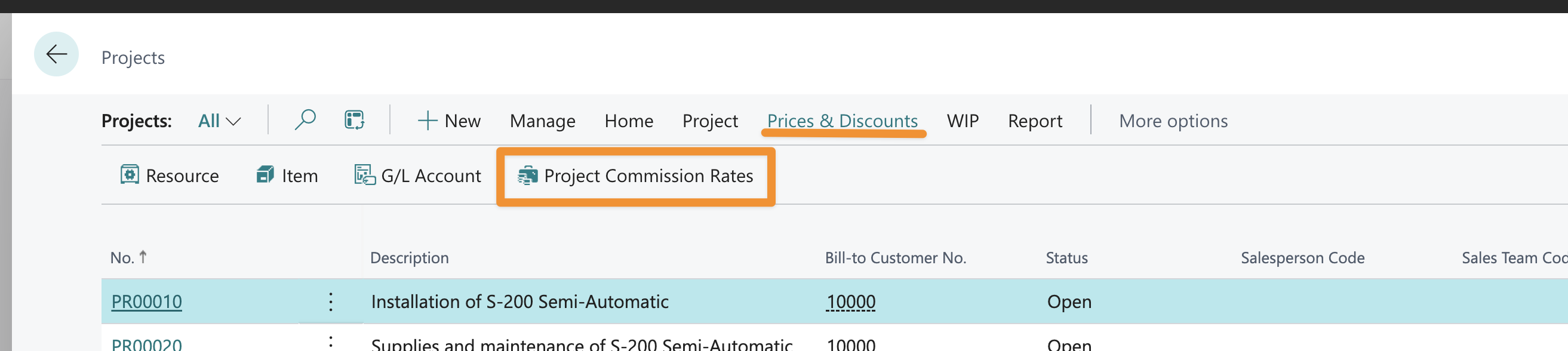 Project rates available in the projects action bar