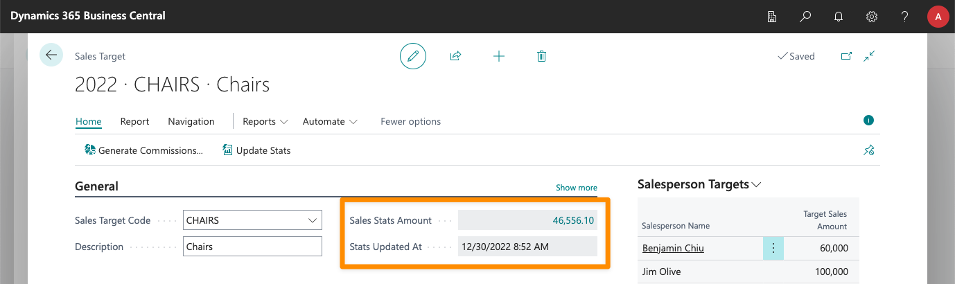 Sales stats are available, for example, in the sales target card