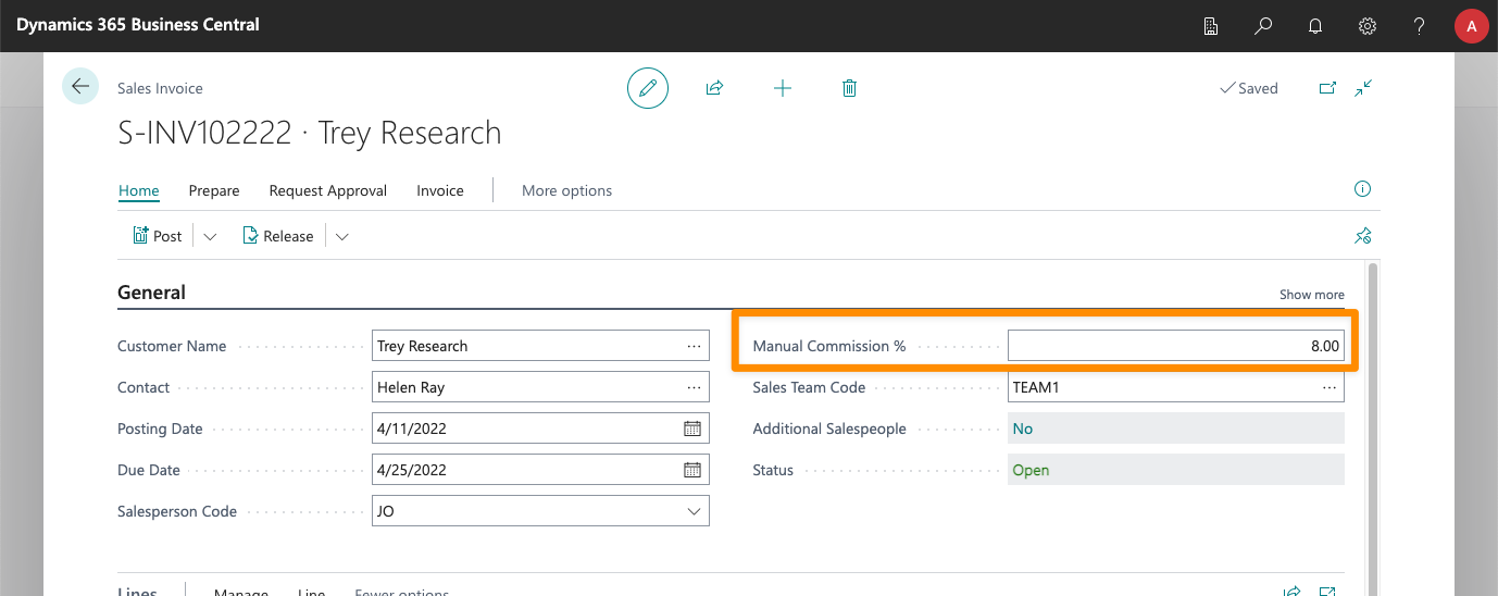 The manual % commission can be shown in the header