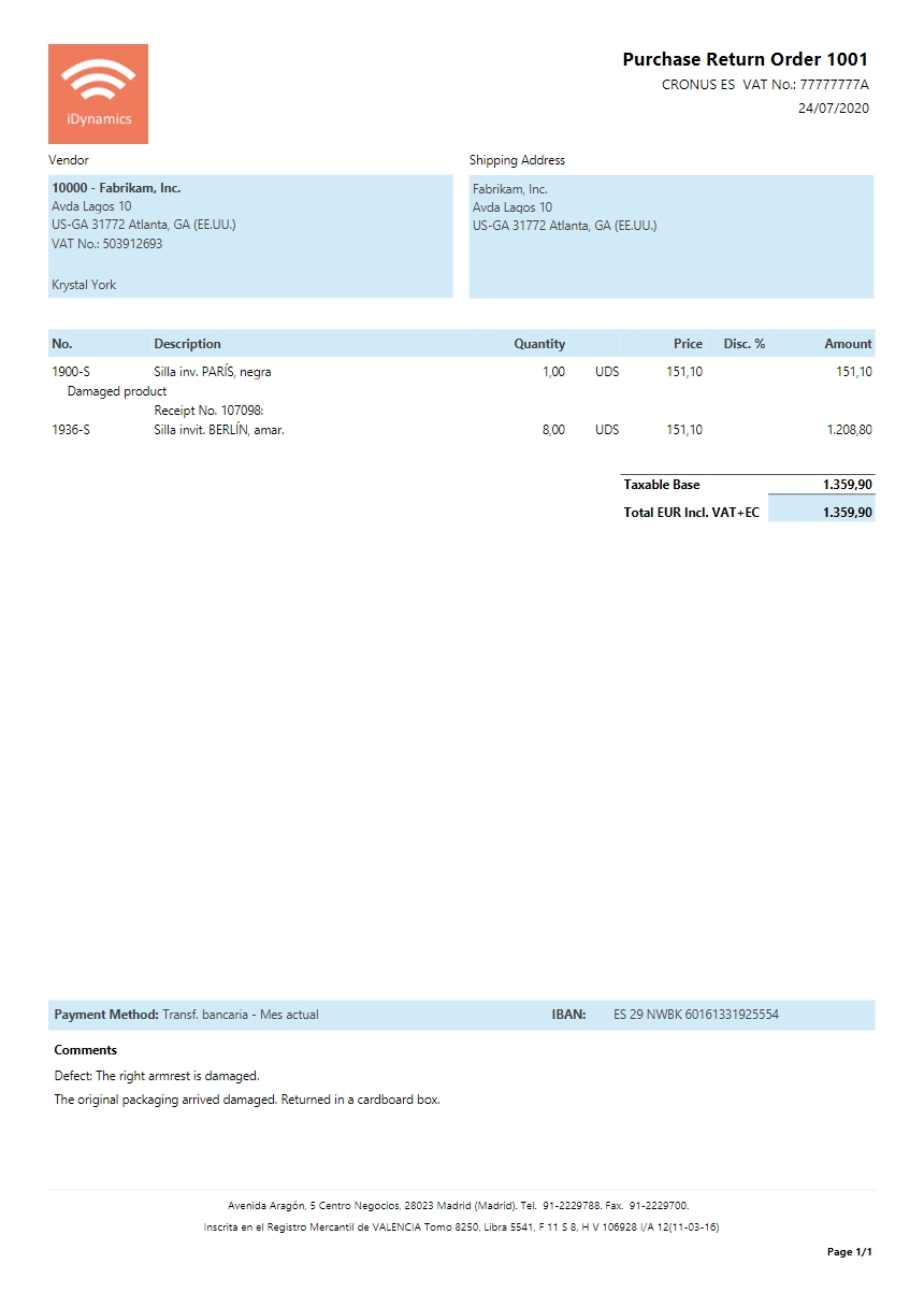 Example Purchase Return Order