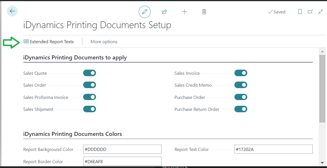 iDynamics Printing Documents Setup/Reports Extended Texts