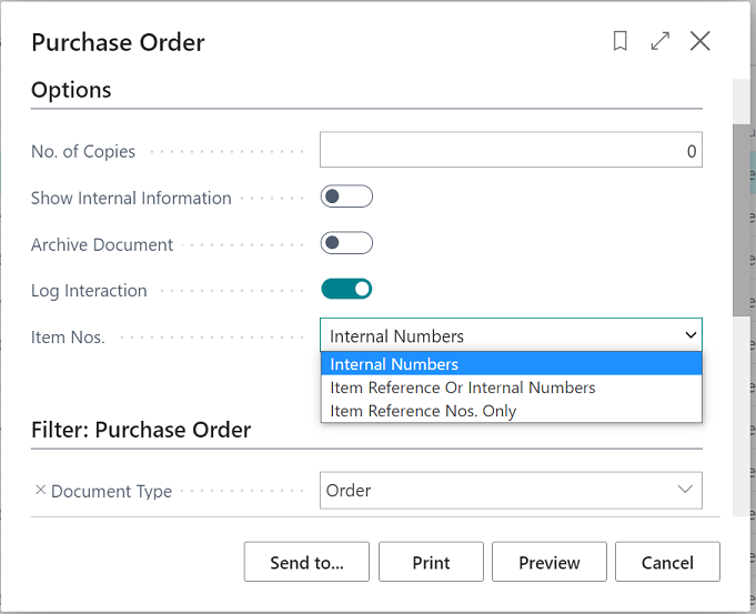 Item reference number printing dialog