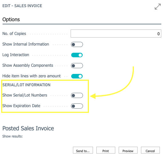 Print dialog with option to display serial or lot numbers