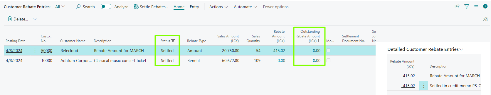 Settled rebate entries