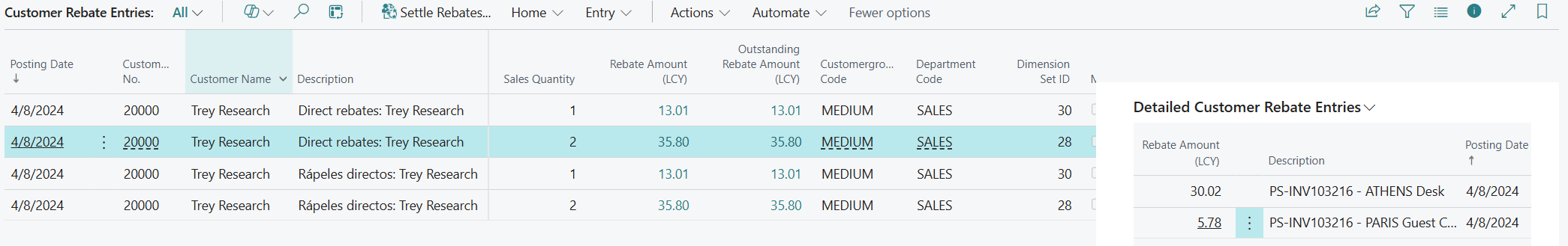 Customer rebate entries grouped by dimensions