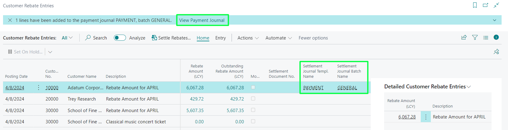 Settle entry with check