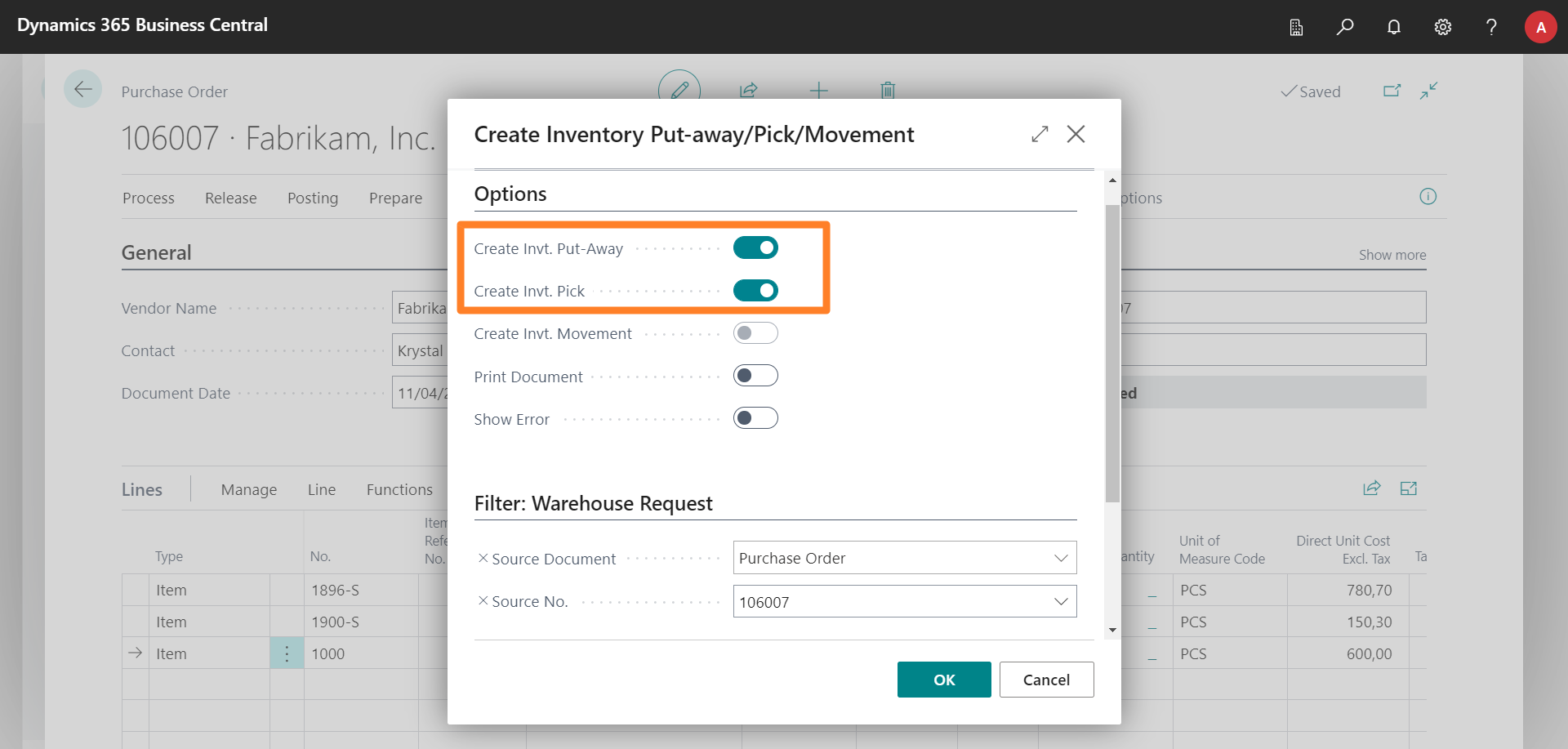 Create Pick or Inventory Put-away