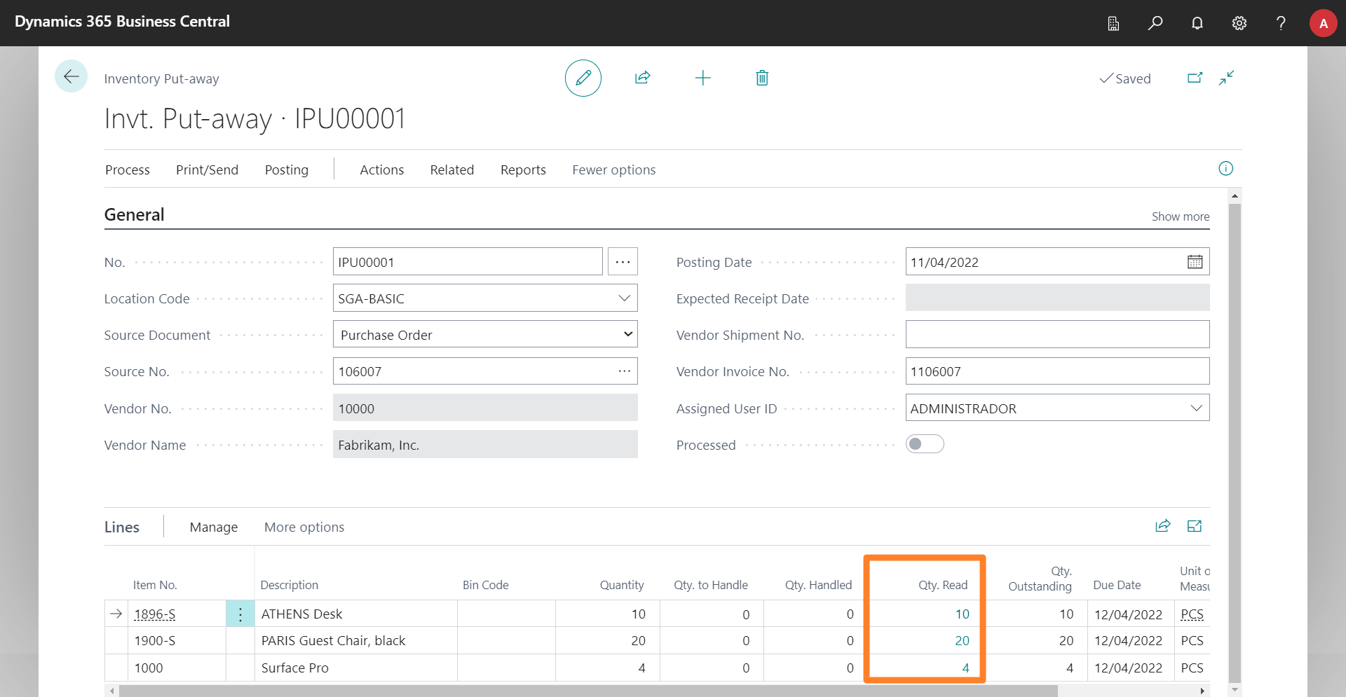 Quantity Read in Business Central