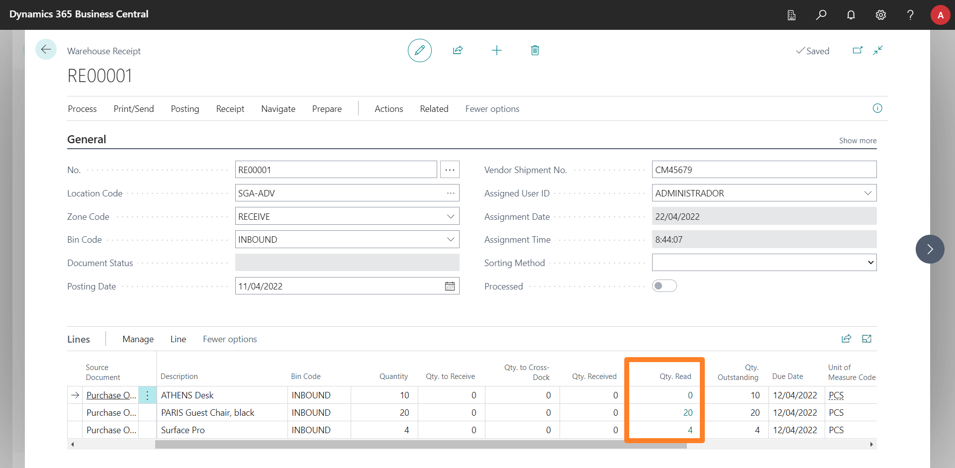 Quantity Read in Business Central