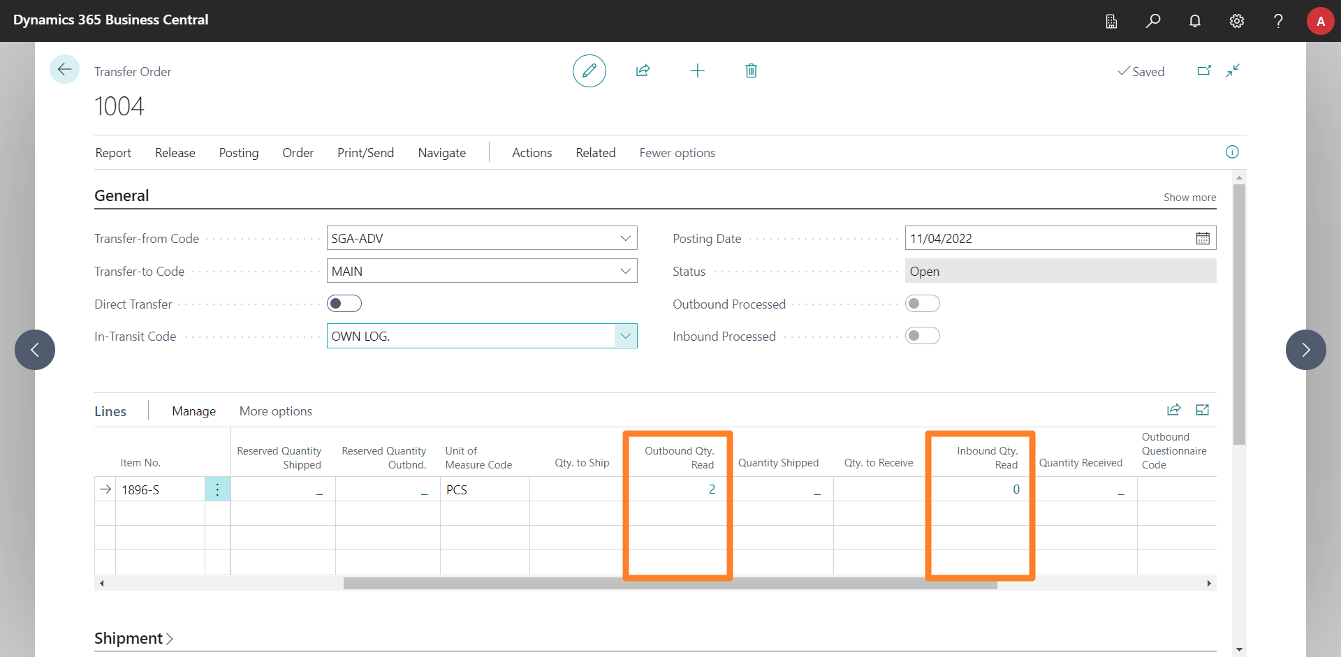 Quantity Read in Transfer Orders