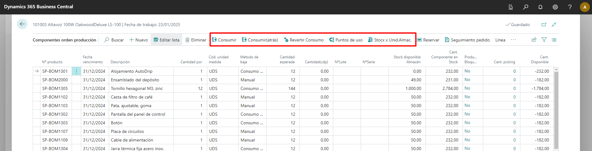 Lista de Componentes de producción