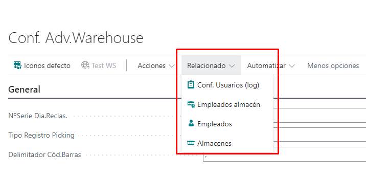 Accesos relacionados desde Config. Advanced Warehouse