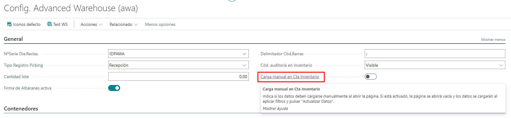 Configuración de carga manual en Consulta Inventario