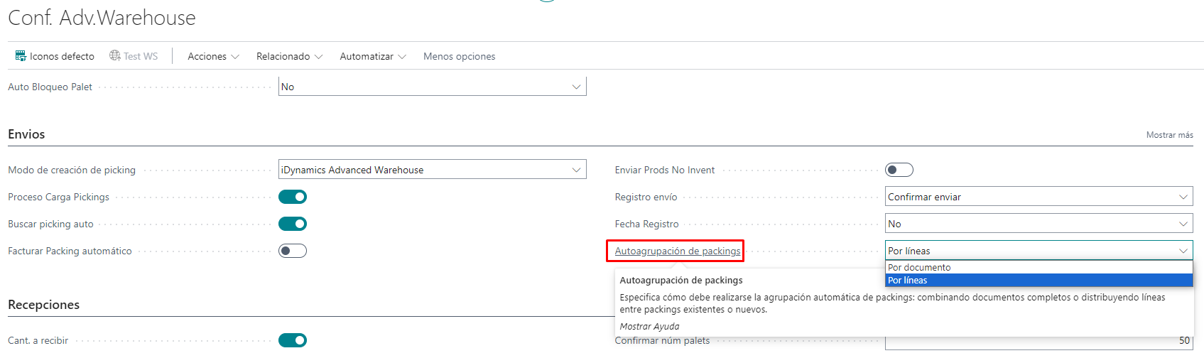 Opciones de autoagrupación de packings