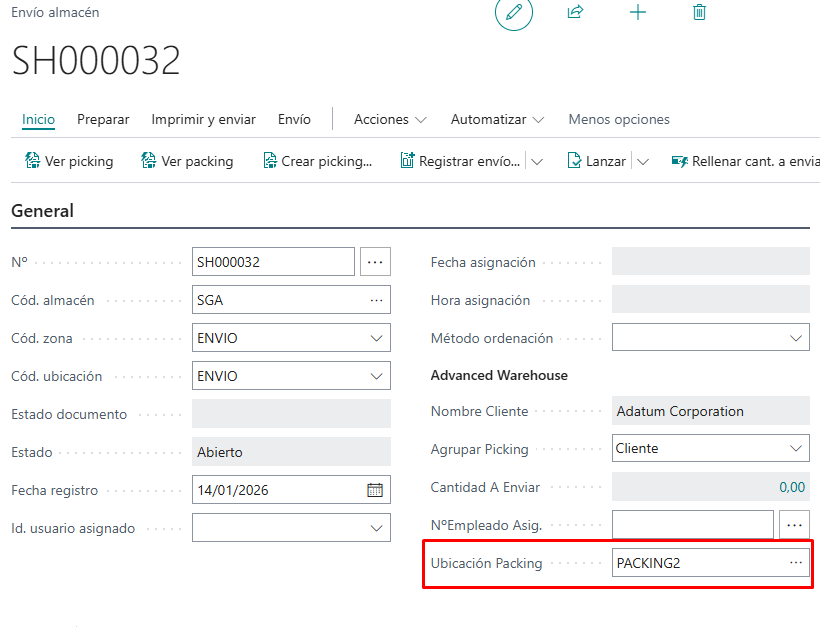 Ubicación de packing en la cabecera de envío