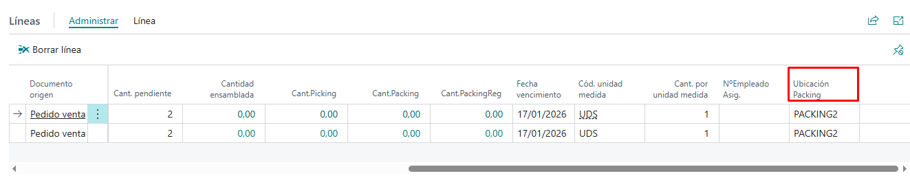 Ubicación de packing en la línea de envío