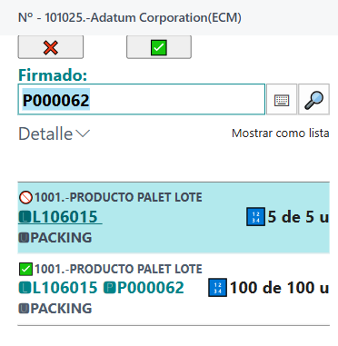 Selección del palet