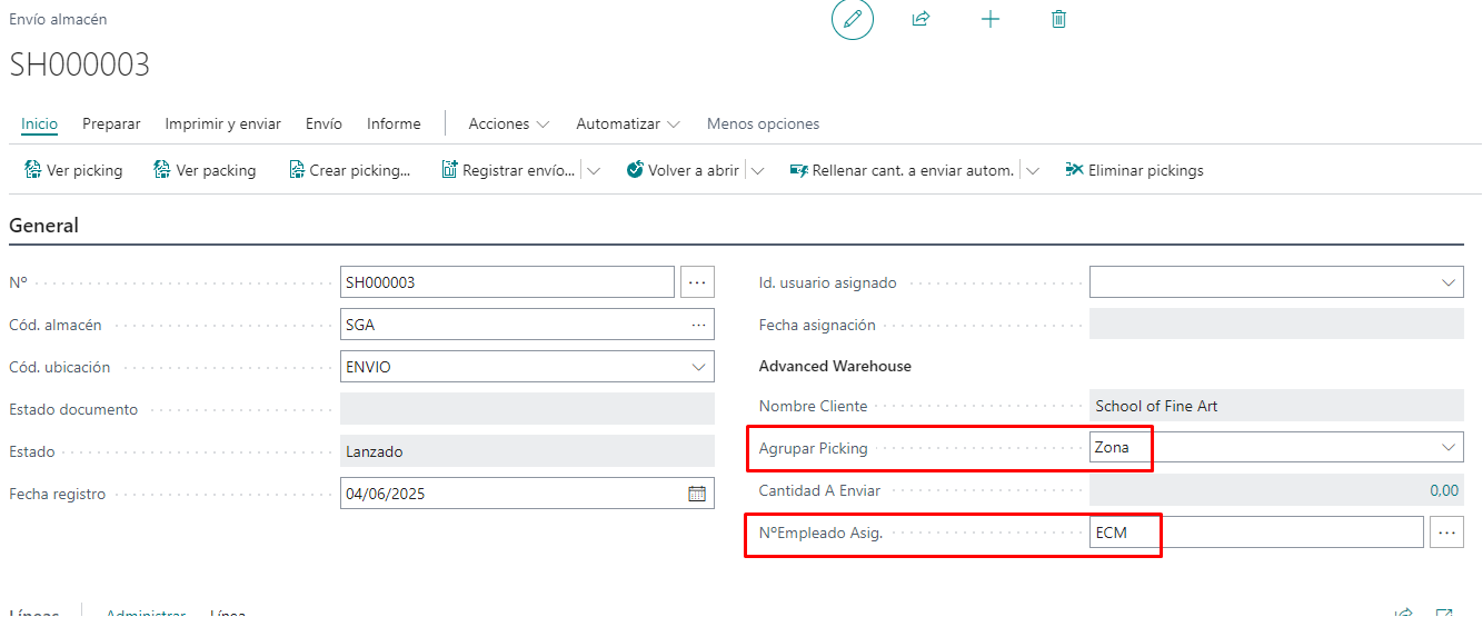 Configuración de envío – Agrupar Picking y Empleado asignado
