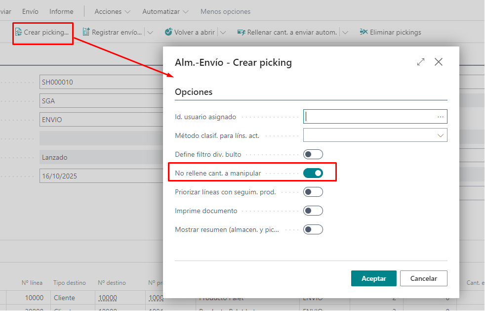 Cuadro de creación de picking estándar