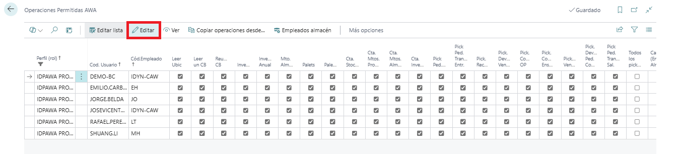 Botón Editar en la lista de Operaciones Permitidas AWA