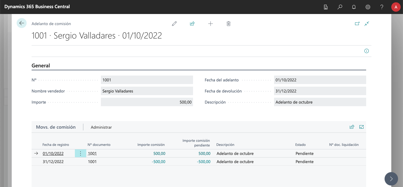 Adelanto de comisión registrado