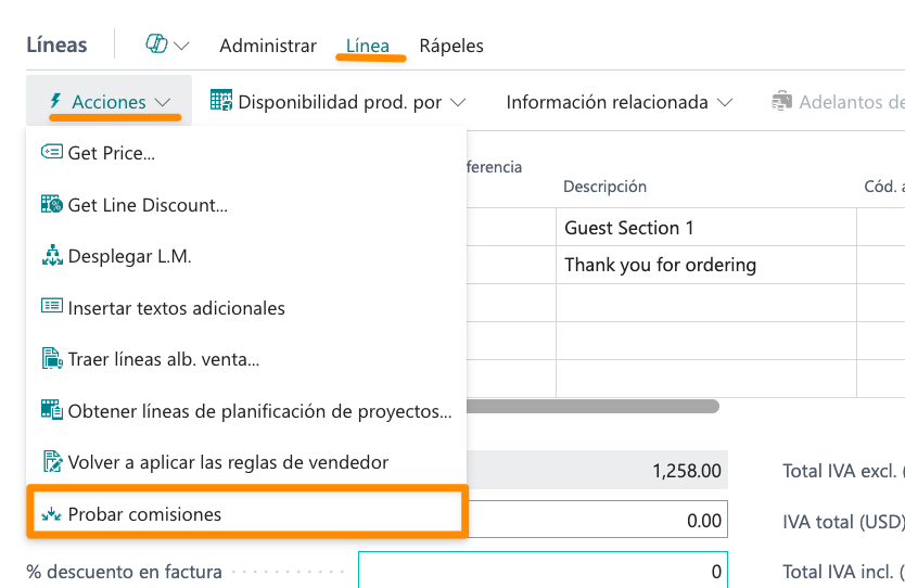 Acción Probar comisiones
