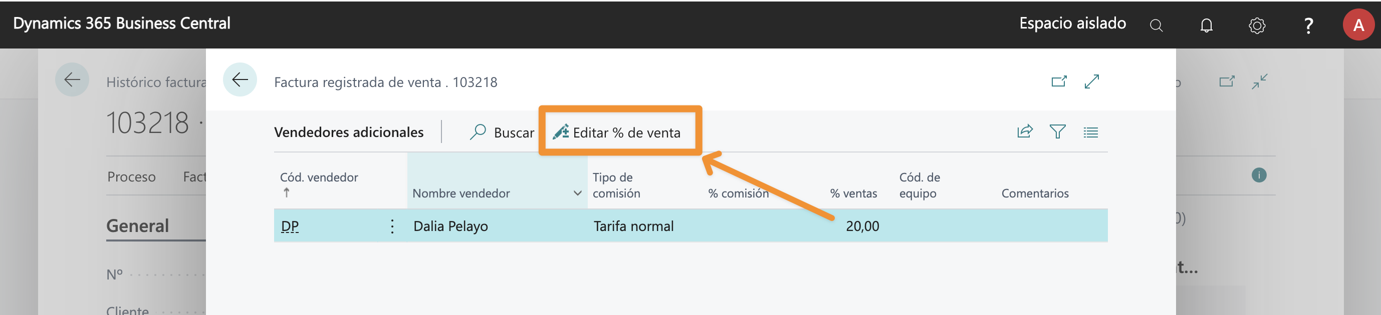 Acción de editar % de venta