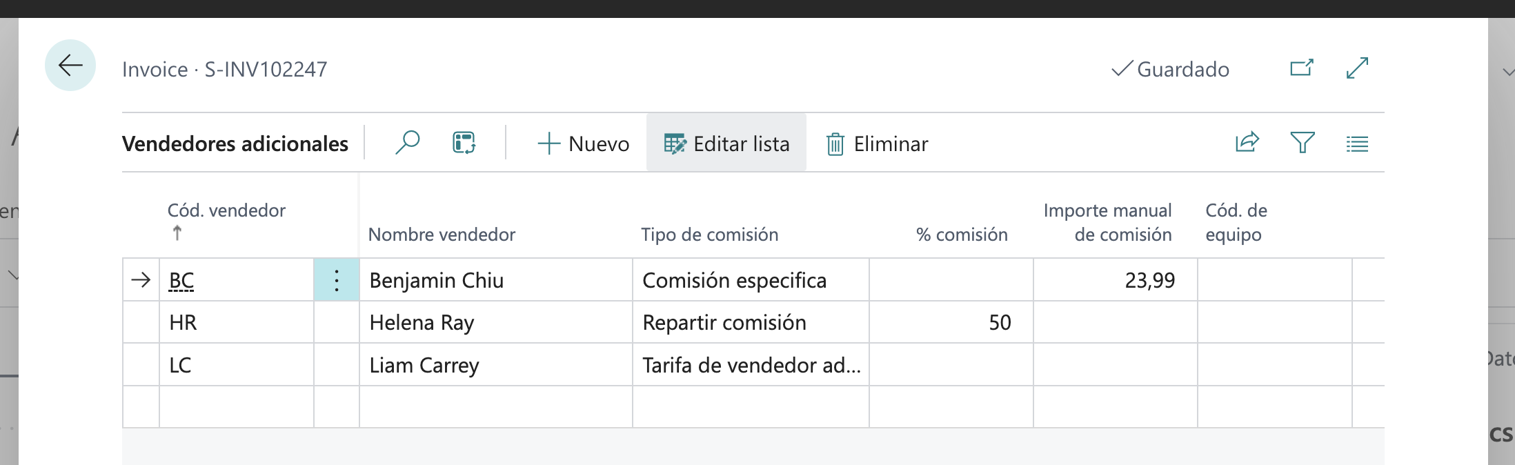 Comisión manual en adicionales