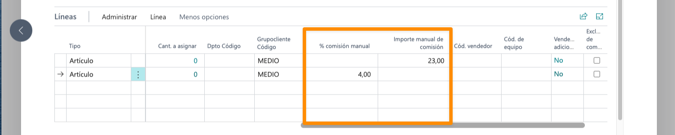 Se puede asignar manualmente un % o un importe de comisión a las líneas