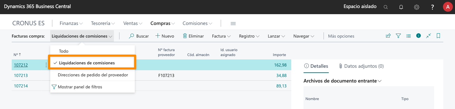 Filtro de facturas de compra