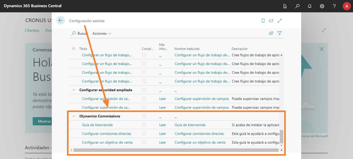 Lista de configuraciones asistidas