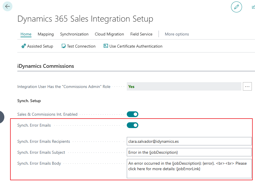 Configuración avisos errores sincronización por email