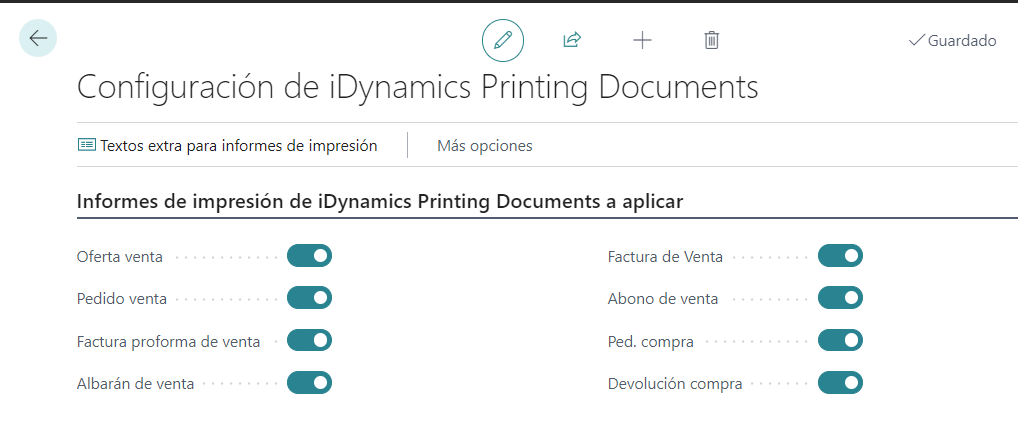 Configuración iDynamics Printing Documents/Informes habilitados