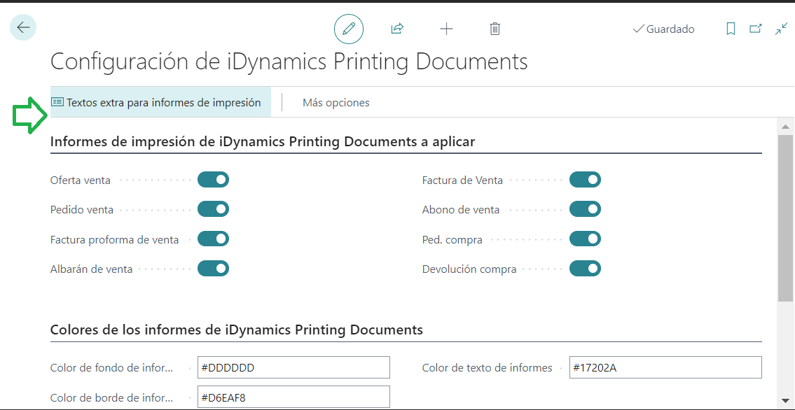 Configuración iDynamics Printing Documents/Textos Extra de Informes