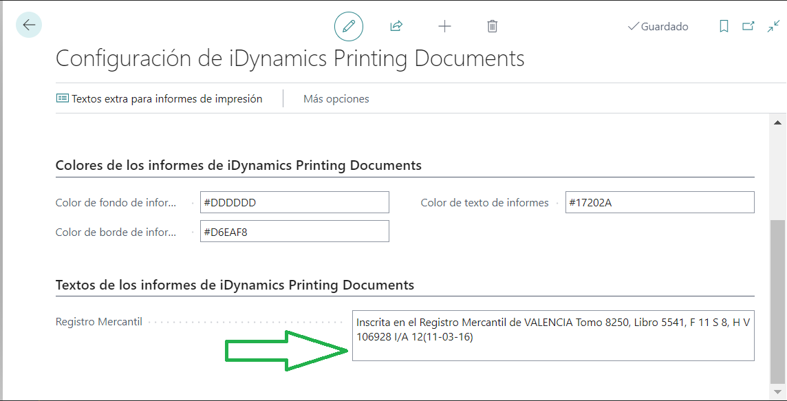 Configuración iDynamics Printing Documents/Textos de Informes