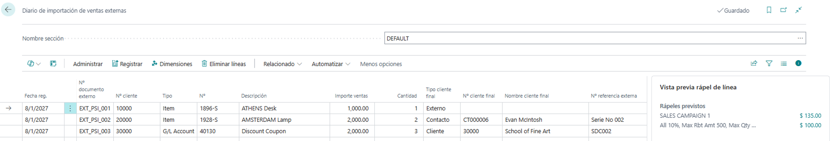 Diario de importación de ventas externas