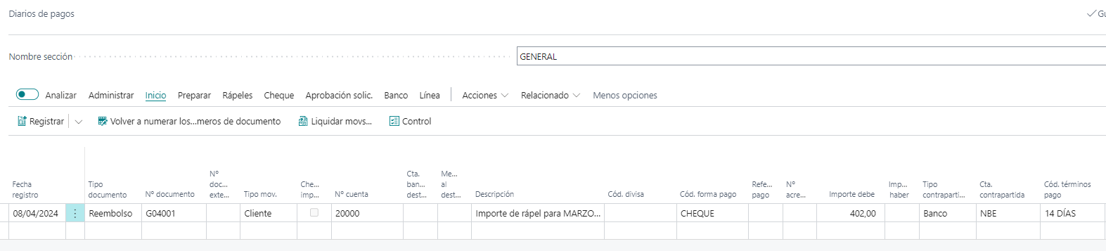 Liquidar movimiento con cheque