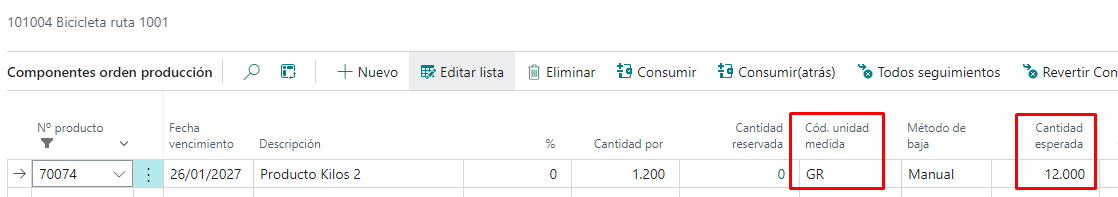 Línea de componente con unidad de medida distinta de base