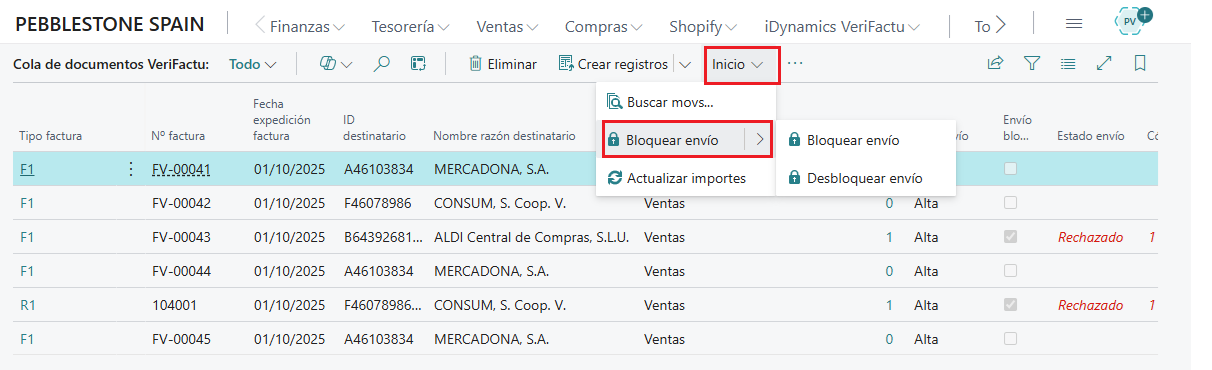 Bloquear documentos para el envío