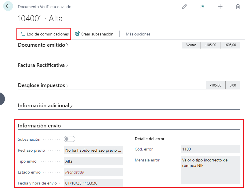 Datos del envío