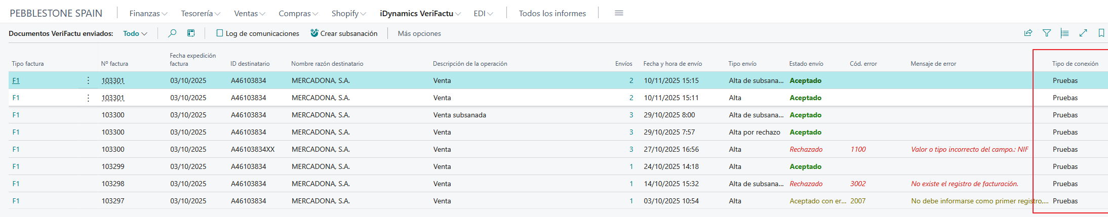 Lista de datos enviados: Tipo de conexión