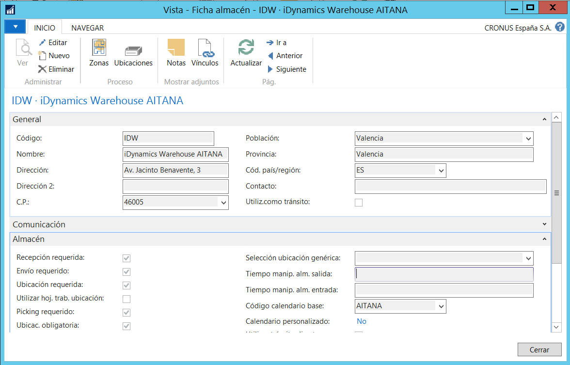 Pantalla de configuración de almacén